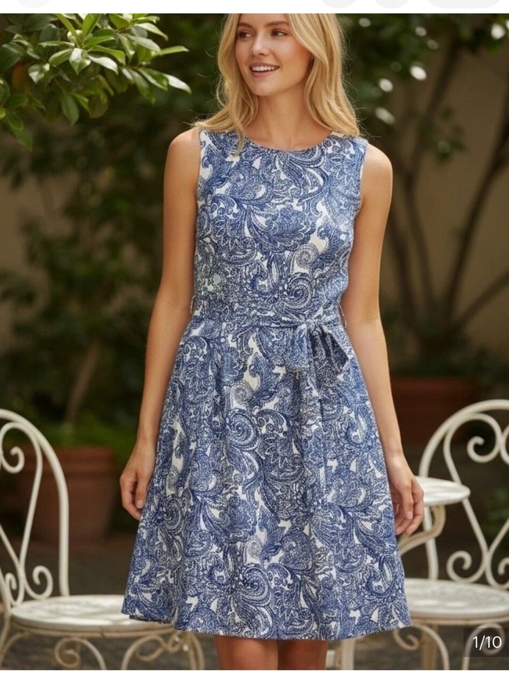 Anne Klein Linen Blend Dress Paisely Blue White Size 12 NEW